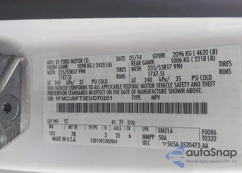 2014 Ford Escape S z USA, uszkodzony, nr VIN 1FMCU0F73EUD70201